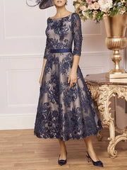 A-Line Mother of the Bride Dress Plus Size Elegant Vintage Bateau Neck Tea Length Lace Half Sleeve with Lace Sash / Ribbon - RongMoon