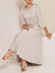 A-Line Mother of the Bride Dress Plus Size Elegant Vintage Bateau Neck Tea Length Satin 3/4 Length Sleeve with Beading - RongMoon