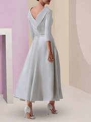 A-Line Mother of the Bride Dress Plus Size Elegant Vintage Bateau Neck Tea Length Satin 3/4 Length Sleeve with Beading - RongMoon