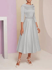 A-Line Mother of the Bride Dress Plus Size Elegant Vintage Bateau Neck Tea Length Satin 3/4 Length Sleeve with Beading - RongMoon