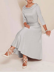 A-Line Mother of the Bride Dress Plus Size Elegant Vintage Bateau Neck Tea Length Satin 3/4 Length Sleeve with Beading - RongMoon