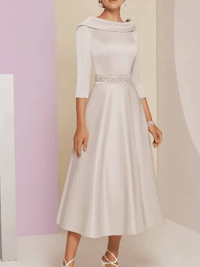 A-Line Mother of the Bride Dress Plus Size Elegant Vintage Bateau Neck Tea Length Satin 3/4 Length Sleeve with Beading - RongMoon