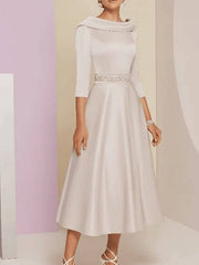 A-Line Mother of the Bride Dress Plus Size Elegant Vintage Bateau Neck Tea Length Satin 3/4 Length Sleeve with Beading - RongMoon