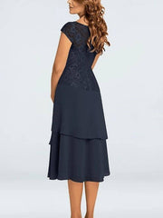 A-Line Mother of the Bride Dress Plus Size Jewel Neck Tea Length Chiffon Short Sleeve with Lace Tier - RongMoon