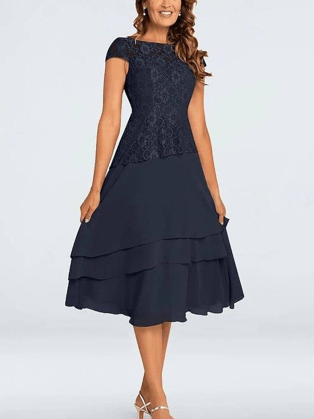 A-Line Mother of the Bride Dress Plus Size Jewel Neck Tea Length Chiffon Short Sleeve with Lace Tier - RongMoon