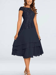 A-Line Mother of the Bride Dress Plus Size Jewel Neck Tea Length Chiffon Short Sleeve with Lace Tier - RongMoon