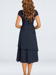 A-Line Mother of the Bride Dress Plus Size Jewel Neck Tea Length Chiffon Short Sleeve with Lace Tier - RongMoon