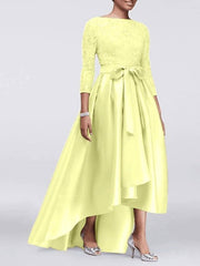 A-Line Mother of the Bride Dress Plus Size Sexy Jewel Neck Asymmetrical Lace Satin 3/4 Length Sleeve with Sash / Ribbon Appliques - RongMoon