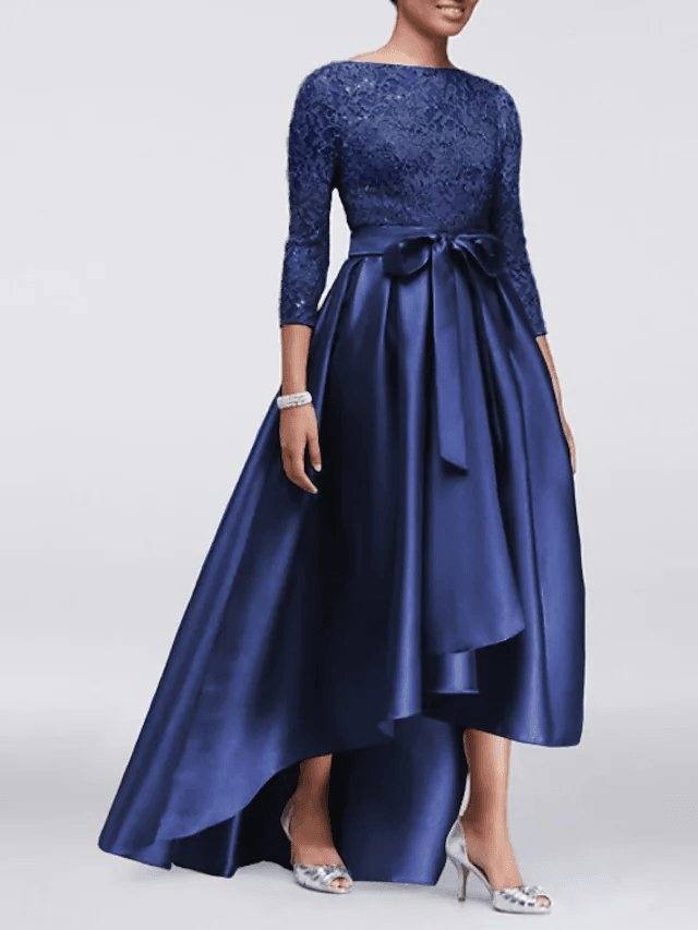 A-Line Mother of the Bride Dress Plus Size Sexy Jewel Neck Asymmetrical Lace Satin 3/4 Length Sleeve with Sash / Ribbon Appliques - RongMoon