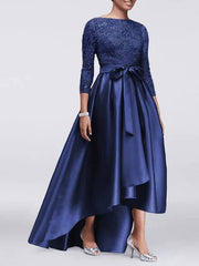 A-Line Mother of the Bride Dress Plus Size Sexy Jewel Neck Asymmetrical Lace Satin 3/4 Length Sleeve with Sash / Ribbon Appliques - RongMoon