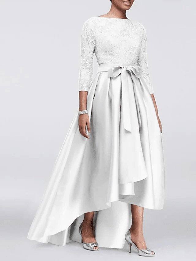 A-Line Mother of the Bride Dress Plus Size Sexy Jewel Neck Asymmetrical Lace Satin 3/4 Length Sleeve with Sash / Ribbon Appliques - RongMoon