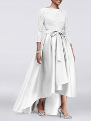 A-Line Mother of the Bride Dress Plus Size Sexy Jewel Neck Asymmetrical Lace Satin 3/4 Length Sleeve with Sash / Ribbon Appliques - RongMoon