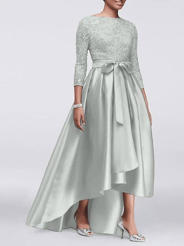 A-Line Mother of the Bride Dress Plus Size Sexy Jewel Neck Asymmetrical Lace Satin 3/4 Length Sleeve with Sash / Ribbon Appliques - RongMoon