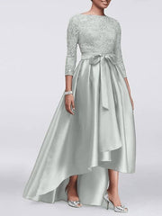 A-Line Mother of the Bride Dress Plus Size Sexy Jewel Neck Asymmetrical Lace Satin 3/4 Length Sleeve with Sash / Ribbon Appliques - RongMoon