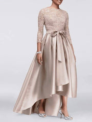 A-Line Mother of the Bride Dress Plus Size Sexy Jewel Neck Asymmetrical Lace Satin 3/4 Length Sleeve with Sash / Ribbon Appliques - RongMoon