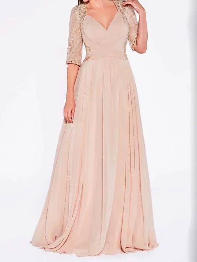 A-Line Mother of the Bride Dress Plus Size Sexy Plunging Neck Sweep / Brush Train Chiffon Lace Half Sleeve with Lace Criss Cross Pleats - RongMoon
