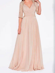 A-Line Mother of the Bride Dress Plus Size Sexy Plunging Neck Sweep / Brush Train Chiffon Lace Half Sleeve with Lace Criss Cross Pleats - RongMoon