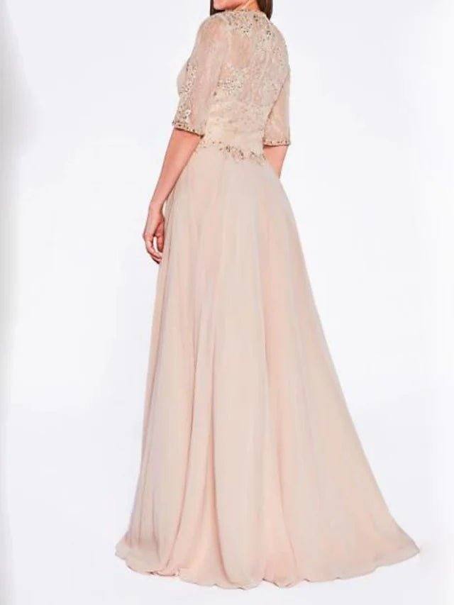 A-Line Mother of the Bride Dress Plus Size Sexy Plunging Neck Sweep / Brush Train Chiffon Lace Half Sleeve with Lace Criss Cross Pleats - RongMoon