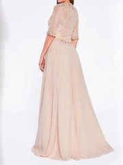 A-Line Mother of the Bride Dress Plus Size Sexy Plunging Neck Sweep / Brush Train Chiffon Lace Half Sleeve with Lace Criss Cross Pleats - RongMoon
