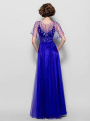 A-Line Mother of the Bride Dress See Through Jewel Neck Floor Length Tulle Short Sleeve with Sash / Ribbon Crystals Beading - RongMoon