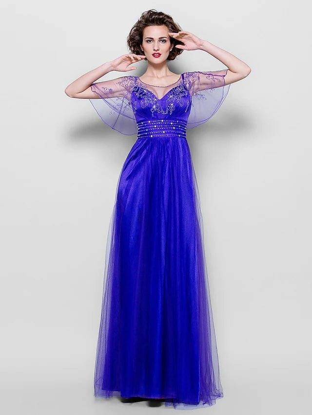 A-Line Mother of the Bride Dress See Through Jewel Neck Floor Length Tulle Short Sleeve with Sash / Ribbon Crystals Beading - RongMoon