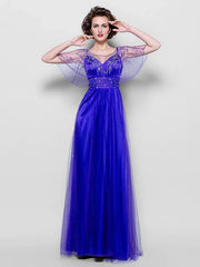 A-Line Mother of the Bride Dress See Through Jewel Neck Floor Length Tulle Short Sleeve with Sash / Ribbon Crystals Beading - RongMoon