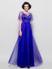 A-Line Mother of the Bride Dress See Through Jewel Neck Floor Length Tulle Short Sleeve with Sash / Ribbon Crystals Beading - RongMoon