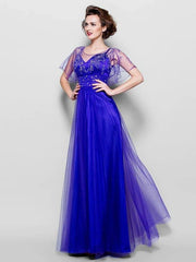 A-Line Mother of the Bride Dress See Through Jewel Neck Floor Length Tulle Short Sleeve with Sash / Ribbon Crystals Beading - RongMoon