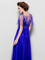 A-Line Mother of the Bride Dress See Through Jewel Neck Floor Length Tulle Short Sleeve with Sash / Ribbon Crystals Beading - RongMoon