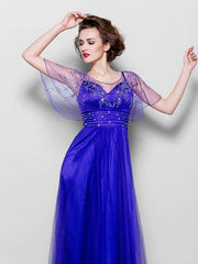 A-Line Mother of the Bride Dress See Through Jewel Neck Floor Length Tulle Short Sleeve with Sash / Ribbon Crystals Beading - RongMoon