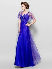A-Line Mother of the Bride Dress See Through Jewel Neck Floor Length Tulle Short Sleeve with Sash / Ribbon Crystals Beading - RongMoon