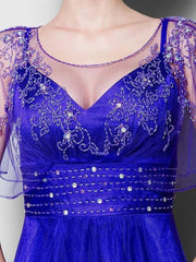 A-Line Mother of the Bride Dress See Through Jewel Neck Floor Length Tulle Short Sleeve with Sash / Ribbon Crystals Beading - RongMoon