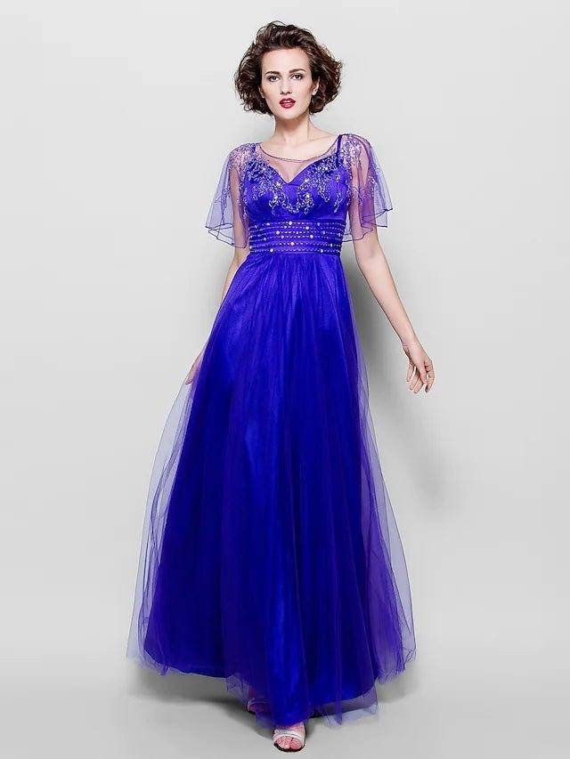 A-Line Mother of the Bride Dress See Through Jewel Neck Floor Length Tulle Short Sleeve with Sash / Ribbon Crystals Beading - RongMoon