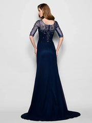 A-Line Mother of the Bride Dress See Through Jewel Neck Sweep / Brush Train Chiffon Tulle Half Sleeve with Ruched Crystals Beading 2022 / Illusion Sleeve - RongMoon
