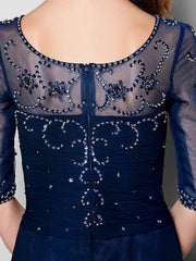 A-Line Mother of the Bride Dress See Through Jewel Neck Sweep / Brush Train Chiffon Tulle Half Sleeve with Ruched Crystals Beading 2022 / Illusion Sleeve - RongMoon
