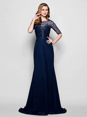A-Line Mother of the Bride Dress See Through Jewel Neck Sweep / Brush Train Chiffon Tulle Half Sleeve with Ruched Crystals Beading 2022 / Illusion Sleeve - RongMoon