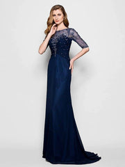 A-Line Mother of the Bride Dress See Through Jewel Neck Sweep / Brush Train Chiffon Tulle Half Sleeve with Ruched Crystals Beading 2022 / Illusion Sleeve - RongMoon