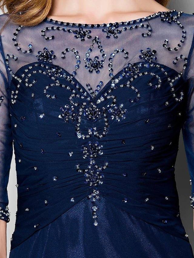 A-Line Mother of the Bride Dress See Through Jewel Neck Sweep / Brush Train Chiffon Tulle Half Sleeve with Ruched Crystals Beading 2022 / Illusion Sleeve - RongMoon