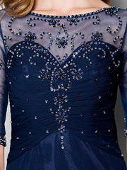 A-Line Mother of the Bride Dress See Through Jewel Neck Sweep / Brush Train Chiffon Tulle Half Sleeve with Ruched Crystals Beading 2022 / Illusion Sleeve - RongMoon