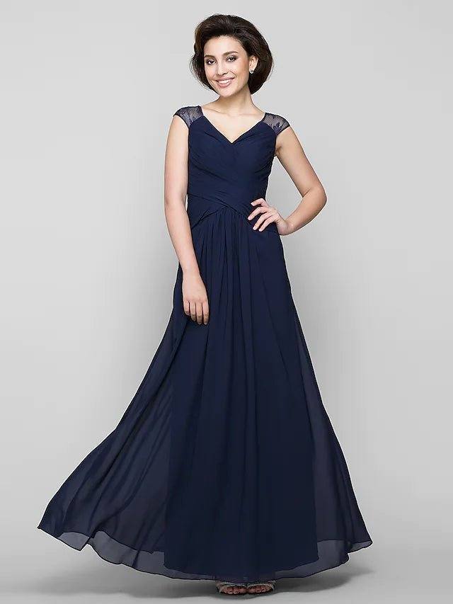 A-Line Mother of the Bride Dress See Through V Neck Ankle Length Chiffon Lace Sleeveless with Lace Criss Cross - RongMoon