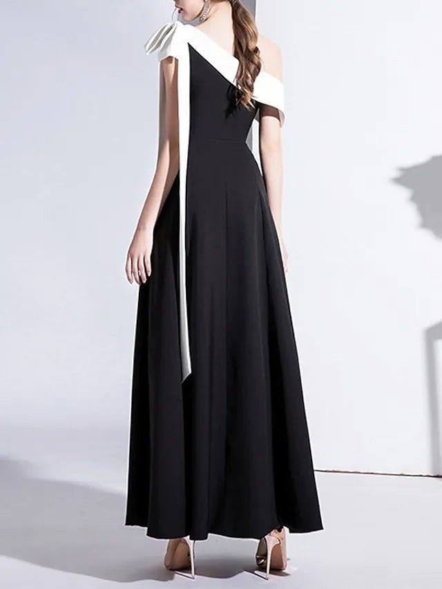 A-Line Mother of the Bride Dress Simple Elegant Off Shoulder Ankle Length Stretch Fabric Short Sleeve with Bow(s) - RongMoon