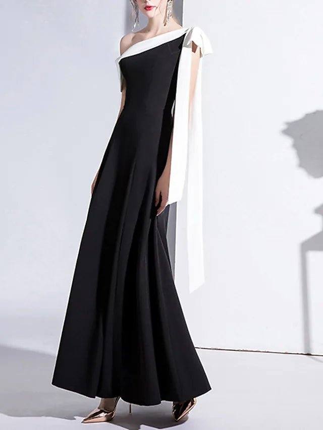 A-Line Mother of the Bride Dress Simple Elegant Off Shoulder Ankle Length Stretch Fabric Short Sleeve with Bow(s) - RongMoon