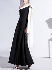 A-Line Mother of the Bride Dress Simple Elegant Off Shoulder Ankle Length Stretch Fabric Short Sleeve with Bow(s) - RongMoon