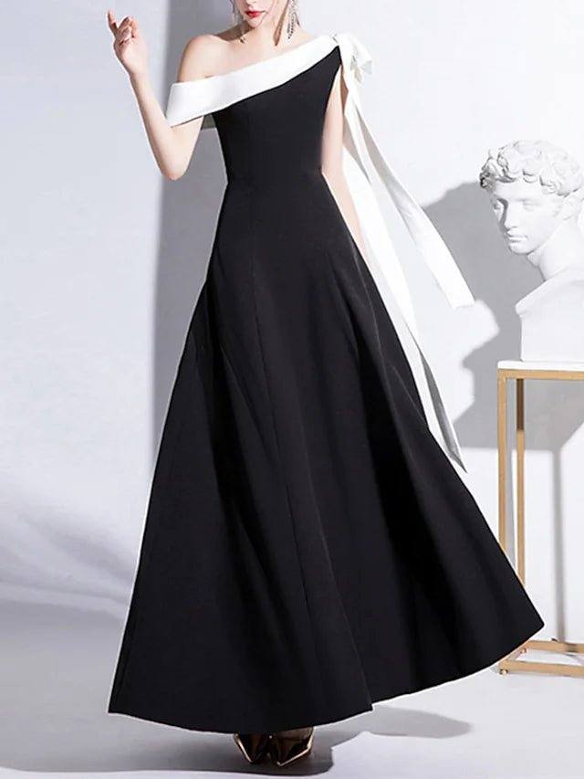 A-Line Mother of the Bride Dress Simple Elegant Off Shoulder Ankle Length Stretch Fabric Short Sleeve with Bow(s) - RongMoon