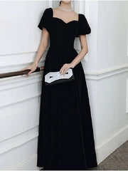 A-Line Mother of the Bride Dress Simple Elegant Square Neck Floor Length Velvet Short Sleeve with Pleats Solid Color - RongMoon