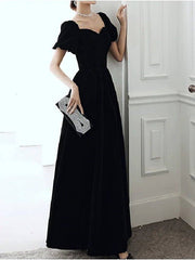A-Line Mother of the Bride Dress Simple Elegant Square Neck Floor Length Velvet Short Sleeve with Pleats Solid Color - RongMoon