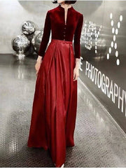 A-Line Mother of the Bride Dress Simple Elegant V Neck Floor Length Crepe Velvet Long Sleeve with Pleats - RongMoon