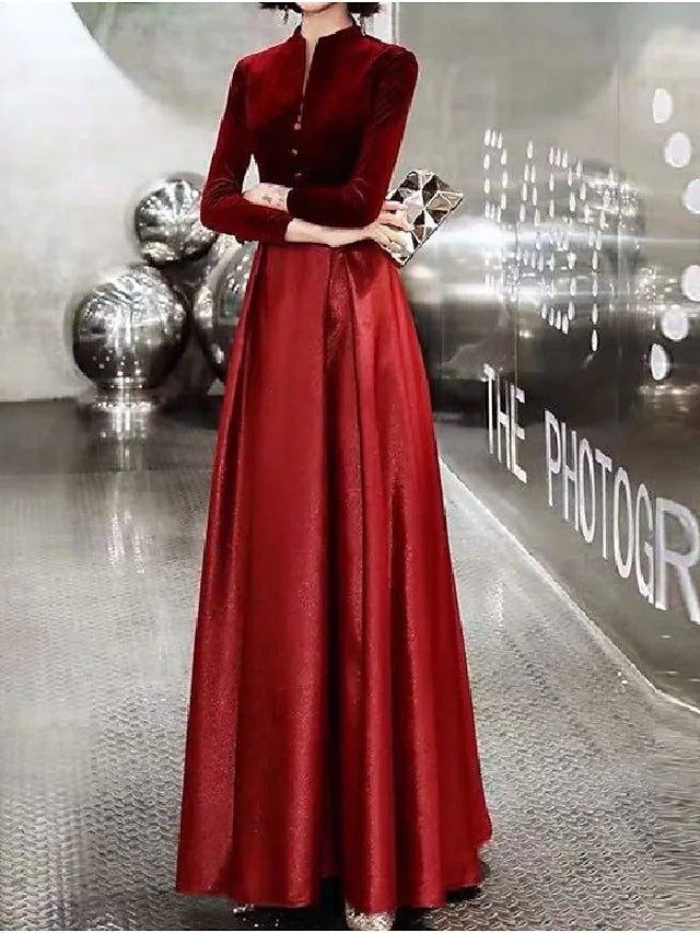 A-Line Mother of the Bride Dress Simple Elegant V Neck Floor Length Crepe Velvet Long Sleeve with Pleats - RongMoon