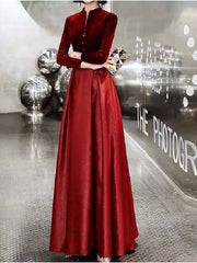 A-Line Mother of the Bride Dress Simple Elegant V Neck Floor Length Crepe Velvet Long Sleeve with Pleats - RongMoon