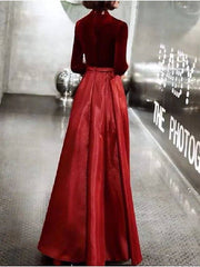 A-Line Mother of the Bride Dress Simple Elegant V Neck Floor Length Crepe Velvet Long Sleeve with Pleats - RongMoon